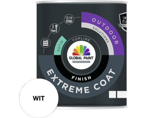 Blik witte Global Paint Topline Extreme Coat verf voor buiten