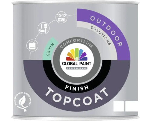 GLOBAL PAINT Topcoat finish lak zijdeglans wit 0,5 l Verf voor buitentoepassingen in verfcontainer met de tekst Global Paint Professional