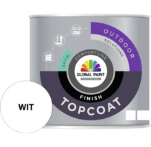 Blik met witte Global Paint Professional Outdoor Solutions verf voor buiten