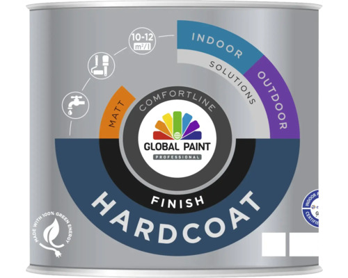 GLOBAL PAINT Hardcoat finish lak mat wit 0,5 l Verfemmer met het opschrift Global Paint Hardcoat Finish, geschikt voor binnen- en buitengebruik