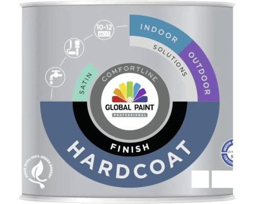 GLOBAL PAINT Hardcoat finish lak zijdeglans wit 0,5 l Verfemmer met het opschrift Global Paint Professional Hardcoat Finish voor binnen en buiten.