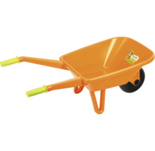 Oranje plastic kruiwagen voor kinderen met groene handgreep