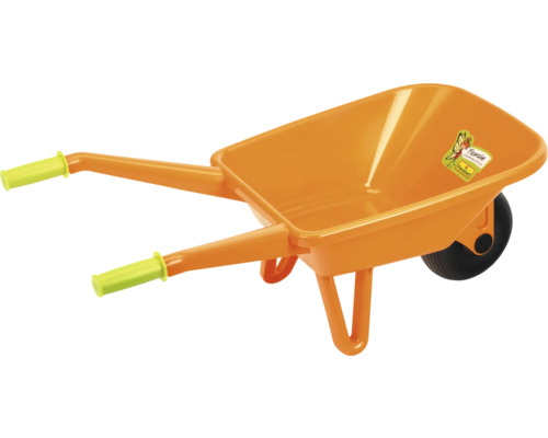 Oranje plastic kruiwagen voor kinderen met groene handgreep