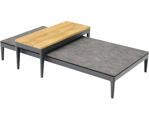 Twee grijze salontafels met houten blad en stenen tafelblad