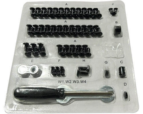 Assortiment met schroeven en gereedschap in een transparante verpakking.