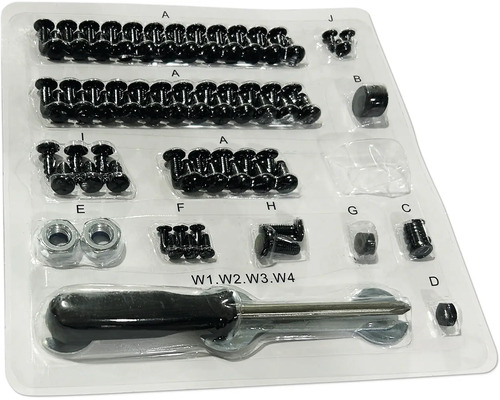 Assortiment met schroeven, moeren en een schroevendraaier in een transparante plastic verpakking.