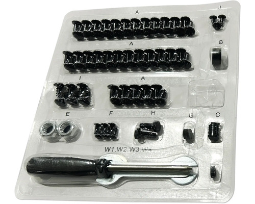 Assortiment met schroeven en gereedschap in een transparante plastic verpakking