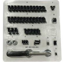 Bevestigingsmateriaal inclusief schroeven, moeren en gereedschap in plastic verpakking