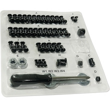 Assortiment met schroeven, moeren en schroevendraaier in transparante verpakking