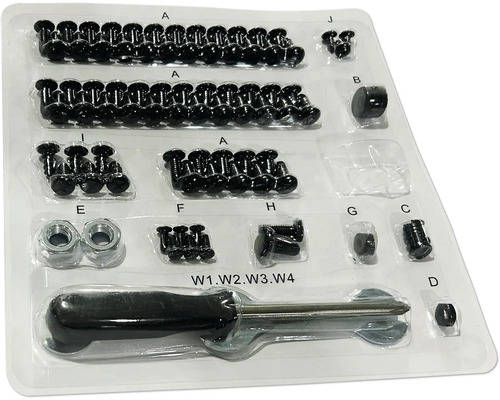 Assortiment met schroeven, moeren en schroevendraaier in transparante verpakking