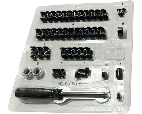 Assortiment schroeven, moeren en gereedschap in een transparante kunststof verpakking