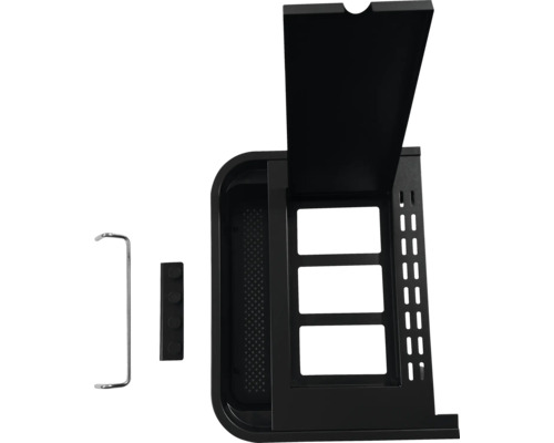 Afbeeldingen van een zwarte grillkast met accessoires.