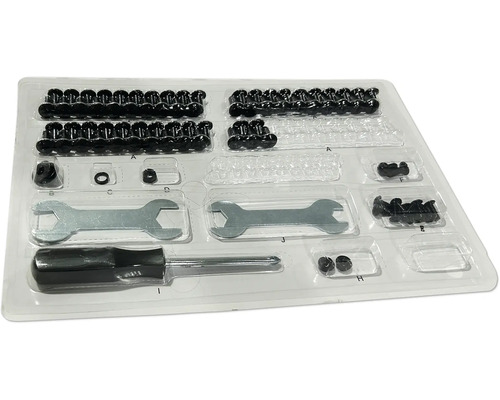 Assortiment schroeven, moeren en gereedschap in transparante kunststof verpakking.