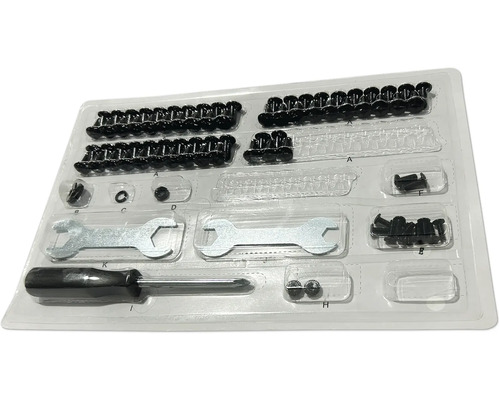 Gereedschapsset met moersleutel, schroevendraaier en schroeven in transparante verpakking