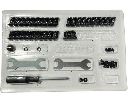 Assortimentsdoos met schroeven, moeren, ringen, schroevendraaier en moersleutels