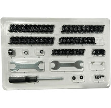 Assortiment met schroeven, moeren, steeksleutels en schroevendraaier in transparante verpakking