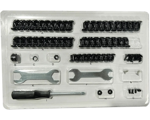 Assortiment met schroeven, moeren, steeksleutels en schroevendraaier in transparante verpakking