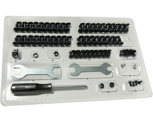 Gesorteerde set met schroeven, moeren en gereedschap in transparante plastic verpakking.