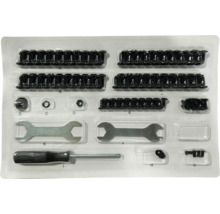 Montageset met schroeven, moeren, ringen, steeksleutels en schroevendraaier in kunststof verpakking