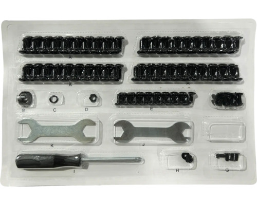 Montageset met schroeven, moeren, ringen, steeksleutels en schroevendraaier in kunststof verpakking