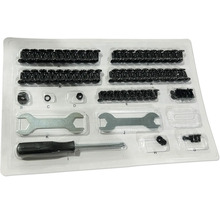 Assortiment met schroeven, moeren, schroefsleutels en schroevendraaier in kunststof verpakking