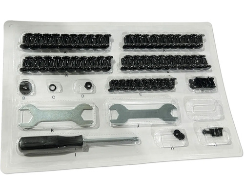 Assortiment met schroeven, moeren, schroefsleutels en schroevendraaier in kunststof verpakking