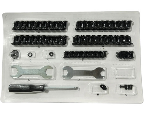 Montageset met schroeven, moeren, steeksleutels en schroevendraaier in transparante kunststof verpakking