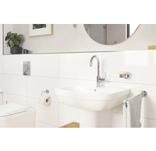 Badkamer met wastafel, kraan, spiegel en toilet
