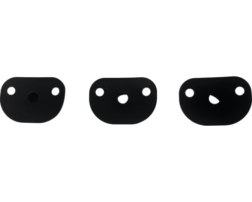 Drie zwarte afdekkingen met gaten voor bevestiging.