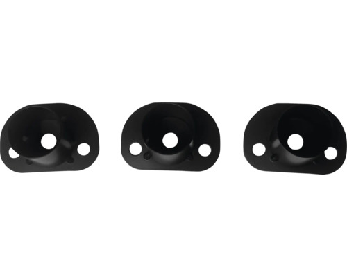 Drie zwarte radiatorrozetten van metaal met bevestigingsgaten.