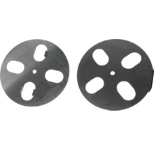 Twee ronde metalen afdekplaten met uitsparingen