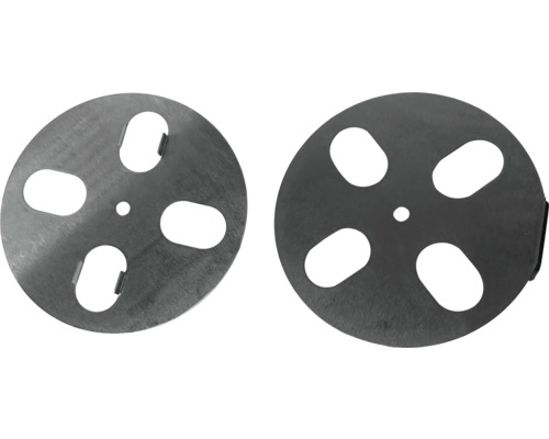 Twee ronde metalen afdekplaten met uitsparingen