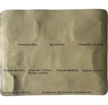 Assortiment met wielassen, moeren, schroeven, vleugelmoeren, sluitringen, veerringen, schroevendraaier en moersleutel