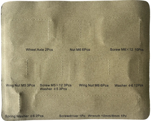 Assortiment met wielassen, moeren, schroeven, vleugelmoeren, sluitringen, veerringen, schroevendraaier en moersleutel