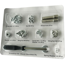 Assortiment met schroeven, moeren, ringen, wielassen, schroevendraaier en moersleutel in transparante verpakking