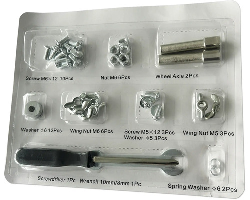 Assortiment met schroeven, moeren, ringen, wielassen, schroevendraaier en moersleutel in transparante verpakking