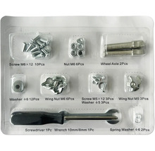 Bevestigingsset met schroeven, moeren, ringen, wielas, schroevendraaier en steeksleutel