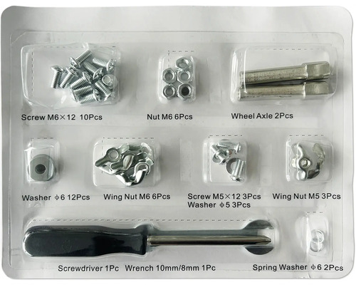 Bevestigingsset met schroeven, moeren, ringen, wielas, schroevendraaier en steeksleutel
