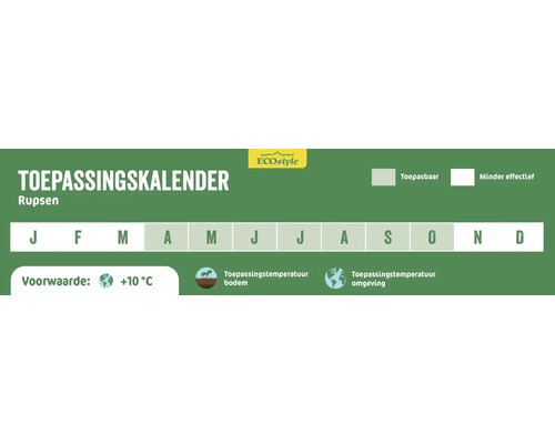 ECOstyle toepassingkalender voor rupsenbestrijding, met een overzicht van de maanden waarin het product gebruikt kan worden en de vereiste omstandigheden, zoals een minimumtemperatuur van 10 graden.