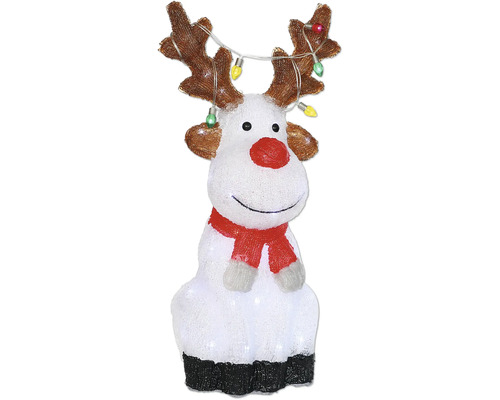 Decoratief rendierfiguur met gewei, lichtsnoer en rode sjaal als kerstdecoratie.