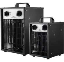 Twee ventilatorkachels met verwarmingsspiralen en handgrepen.