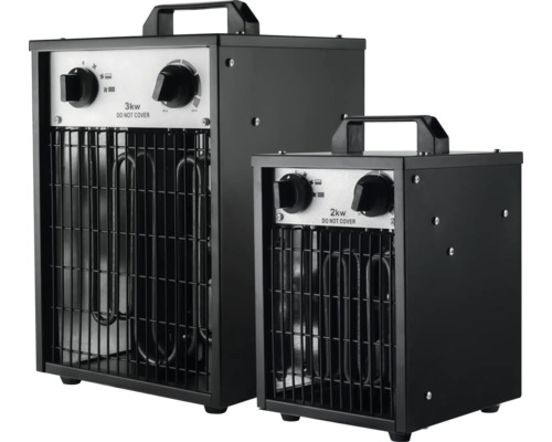 Twee ventilatorkachels met verwarmingsspiralen en handgrepen.
