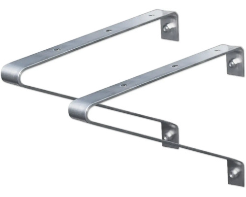 Twee metalen plankdragers met bevestigingsgaten