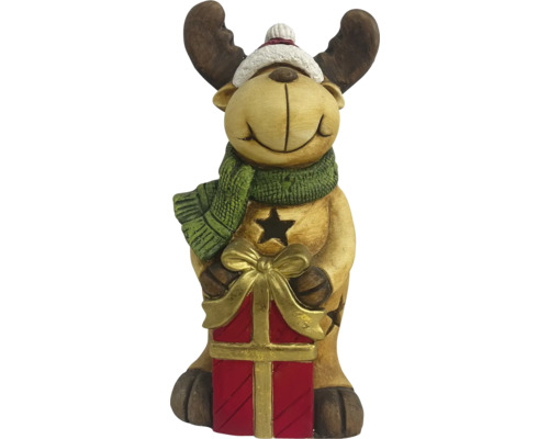 Decoratief beeldje eland met cadeau en sjaal