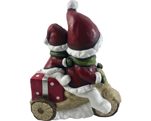Kerstdecoratie met twee kabouters op een motor met cadeau