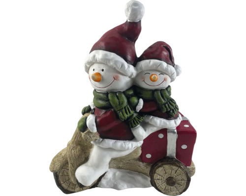Decoratief beeldje: Twee sneeuwmannen op houten slee met cadeau