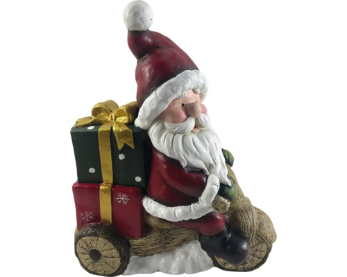 Kerstmanfiguur op houten voertuig met geschenken
