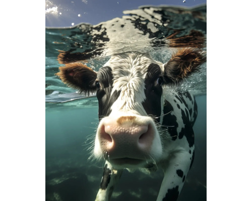 THE WALL Decopaneel koe onder water 40x50 cm Zwart-wit gevlekte koe onder water.