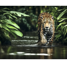 Een jaguar steekt een rivier over in een dichte jungle