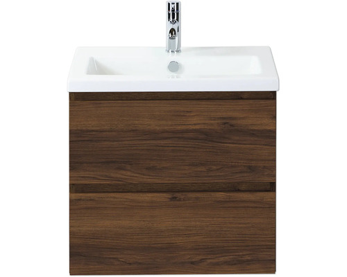 SANOX Badkamermeubelset Vogue walnoot 60 cm met twee lades incl. keramische wastafel met één kraangat Wastafelonderkast met twee laden en opzetwastafel